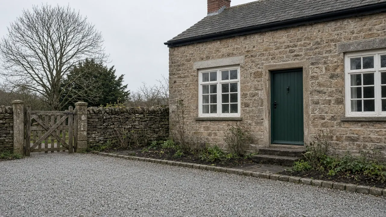 Example image: a level grey gravel driveway at a stone village cottage