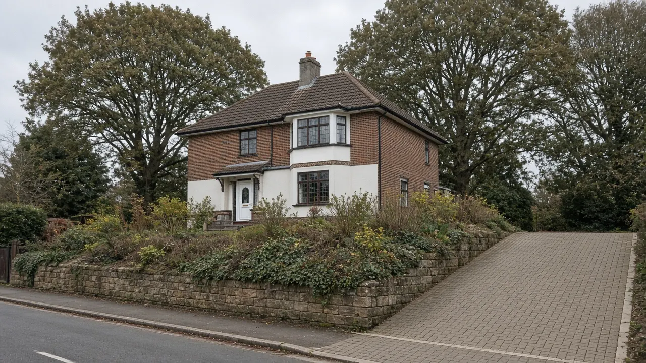 Example image: a block paved driveway climbing gently to a 1930s house