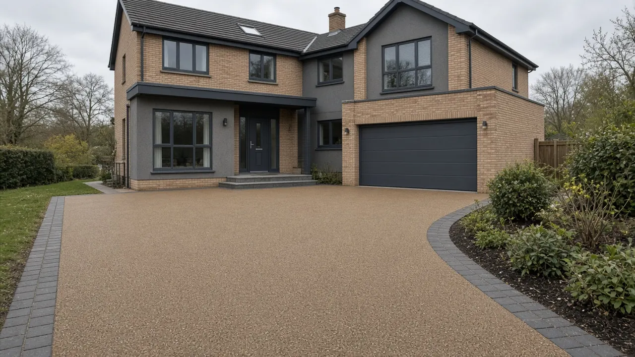 Example image: a bronze resin-bound driveway at a modern detached house